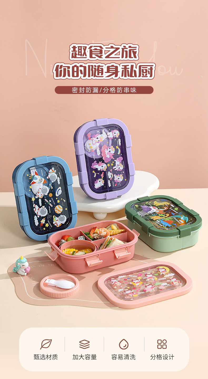 卡通饭盒儿童带饭保鲜盒可微波炉加热分格便当盒密封餐盒详情2