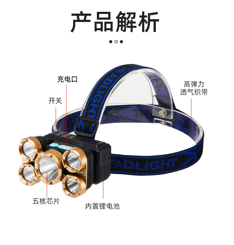 热销5LED强光头灯充电超亮头戴式电筒户外便携照明灯防水钓鱼头灯详情7
