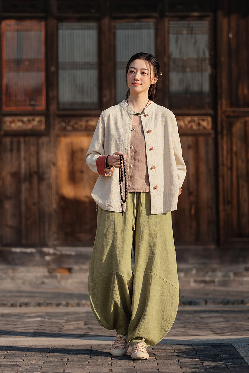 国潮中式棉麻女装拼色盘扣衬衫复古亚麻上衣茶服女禅意中山装国风开衫详情31
