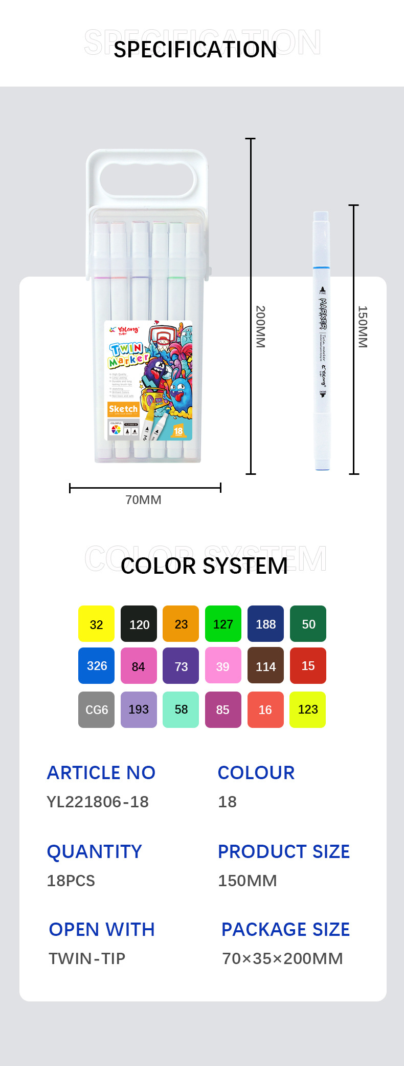 Yalong Cross-border high-quality student art Supplies: 18 color-marked double-brush pointed marker pens Marcadores pic 6