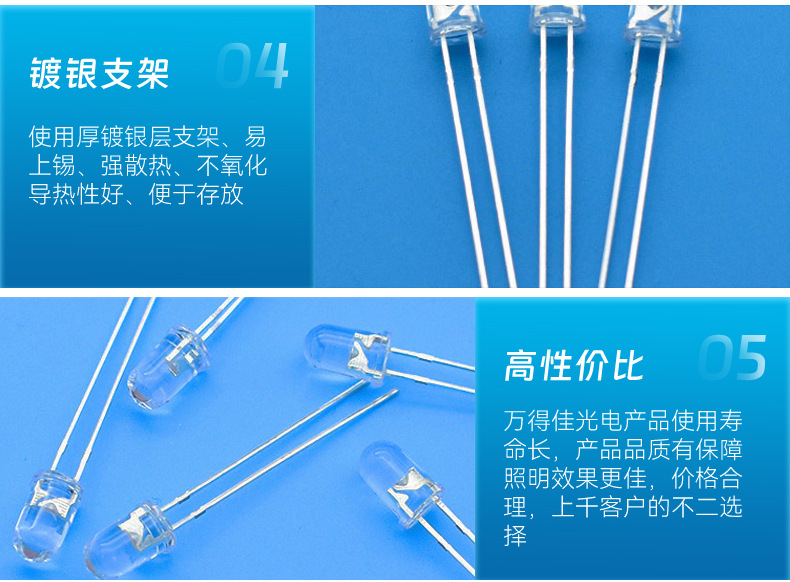 F5/5mm灯珠圆头透明高亮白发红蓝绿黄橙白光直插式led发光二极管详情9