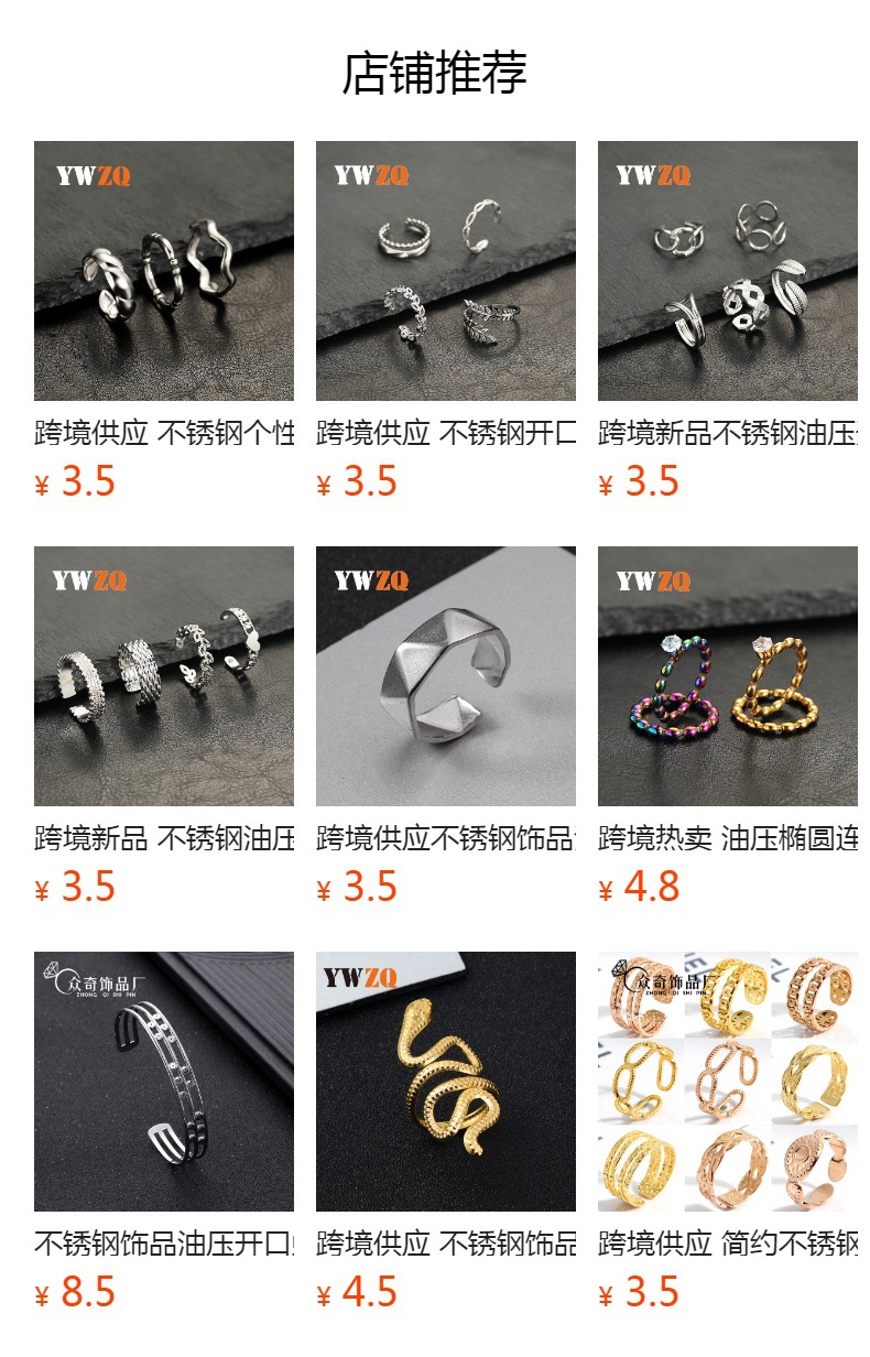 跨境供应 不锈钢开口可调饰品 个性镂空图案油压几何形钛钢戒指详情1