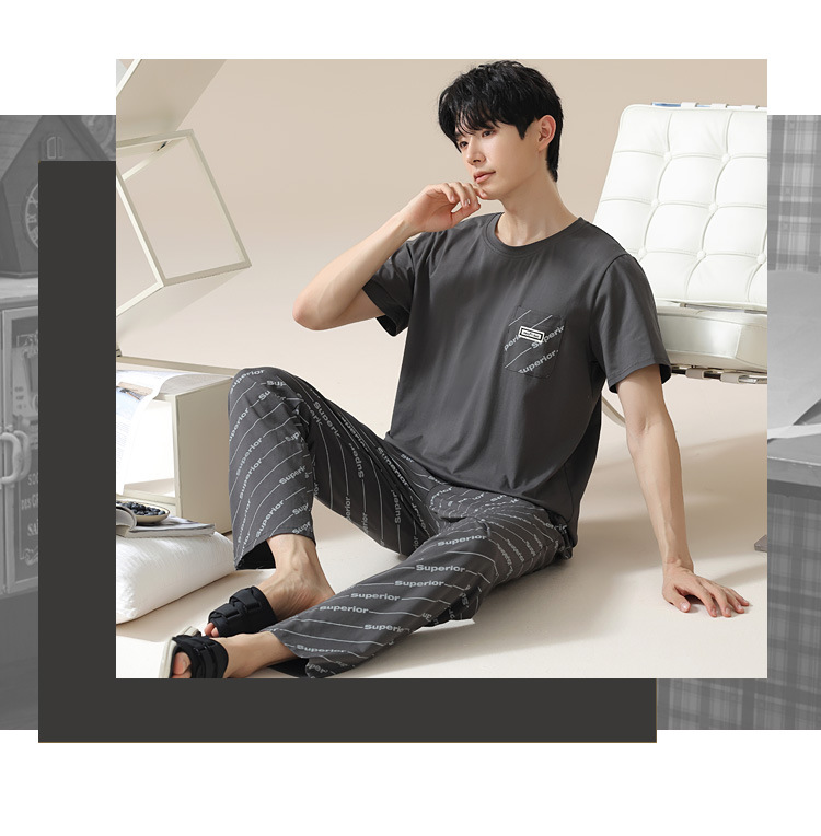 Summer pure cotton pajamas for men, cartoon casual short-sleeved shirts and long pants, pure cotton comfortable home wear, summer youth student set pic 179