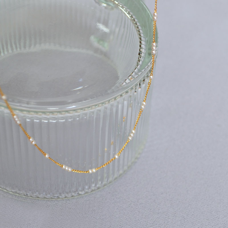 法式小众设计简约迷你baby小珍珠间隔黄铜镀金优雅极细项链锁骨链详情7