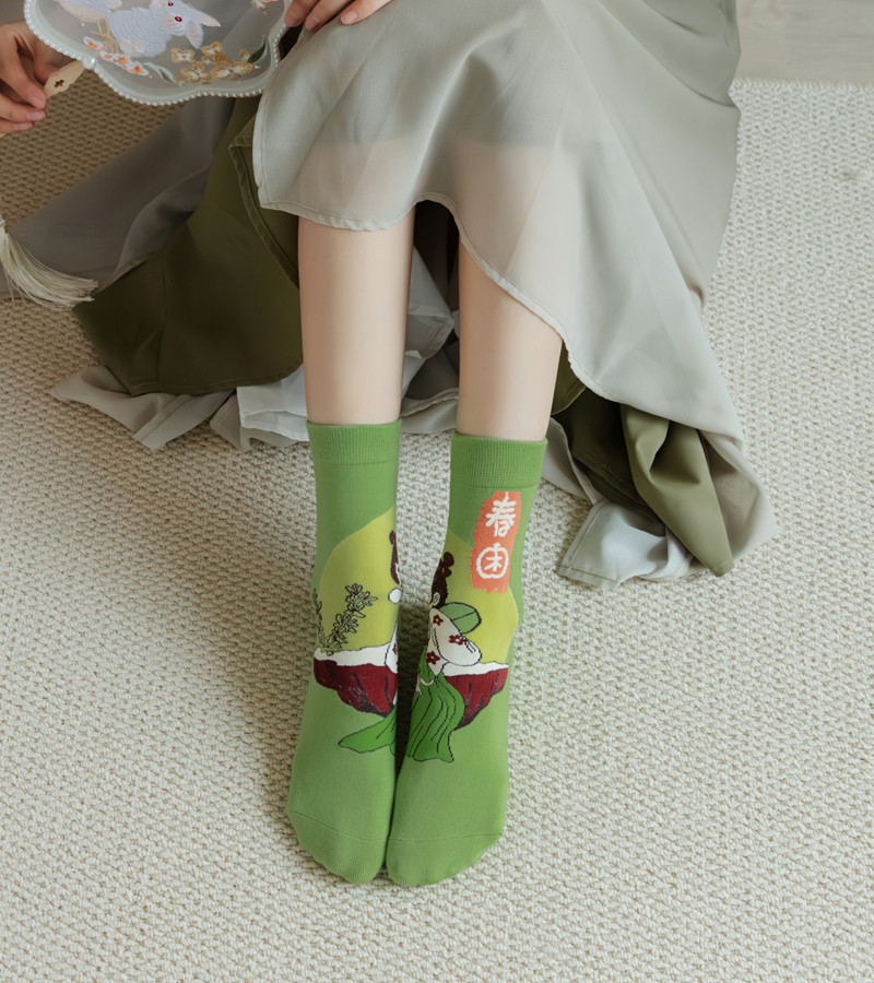 国潮袜子女原创设计古风水墨画AB鸳鸯女棉袜敦煌飞天白蛇传潮流中筒袜详情10