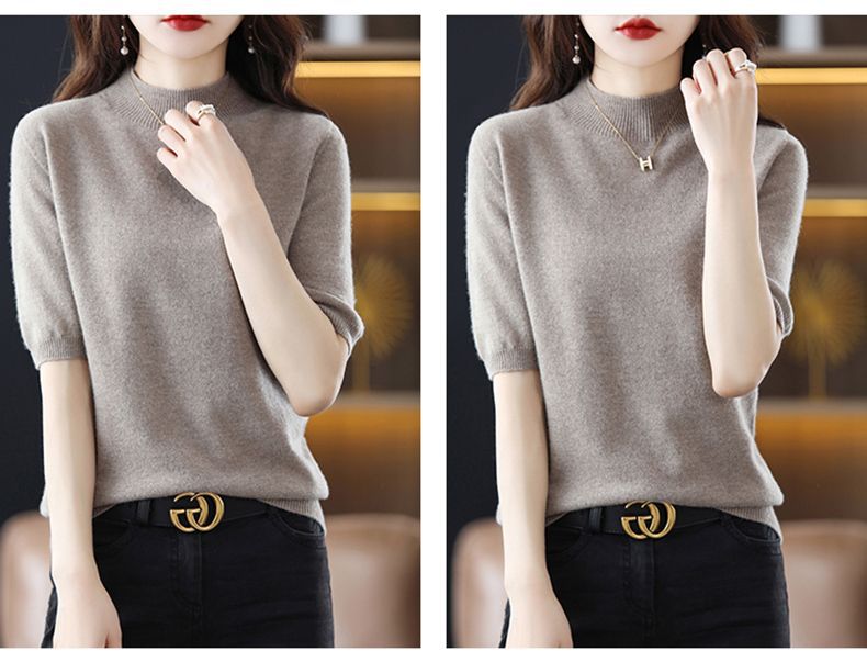 A semi-high-neck casual knitted sweater for women in spring 2023, in a solid color, paired with a half-sleeved base layer sweater T-shirt pic 15