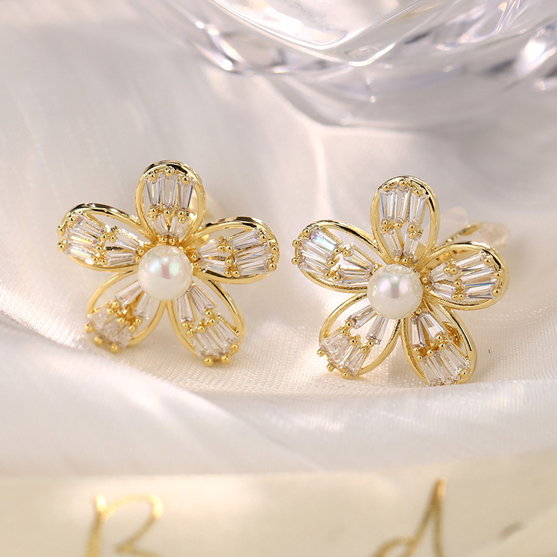 时尚高级感天然珍珠锆石耳环女花朵星星复古轻奢耳钉耳夹925银针详情19