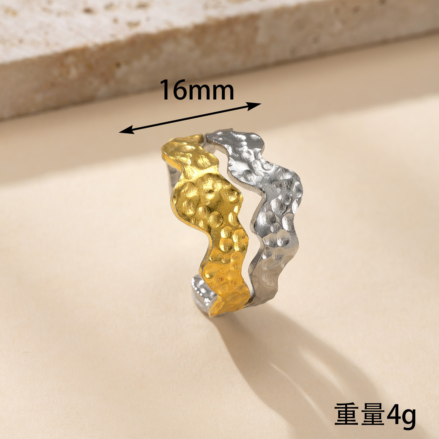 跨境新款钛钢饰品 高级感镀18k金开口戒指油压拼色树叶不锈钢戒指详情13