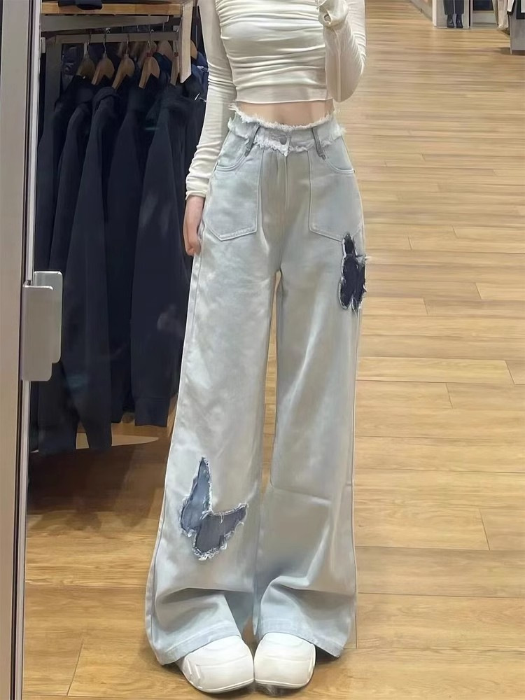 Light blue fringed butterfly straight-leg jeans for women, new autumn style with embroidered design, high-waisted loose, slimming wide-leg pants pic 3
