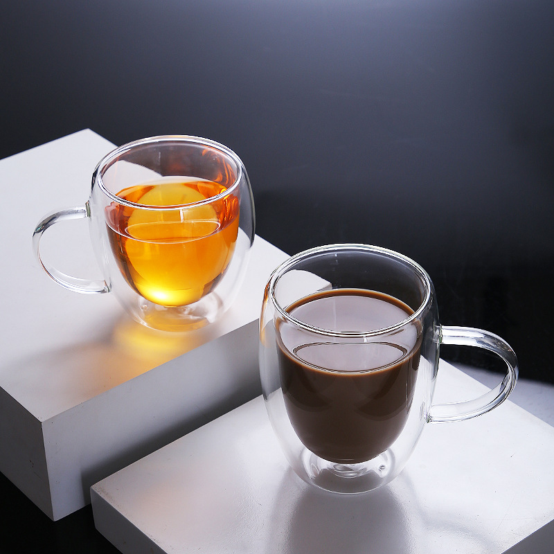 High borosilicate double-layer glass cups, household anti-scald and heat-insulating glass cups with handles, modern and simple egg-shaped coffee cups pic 5