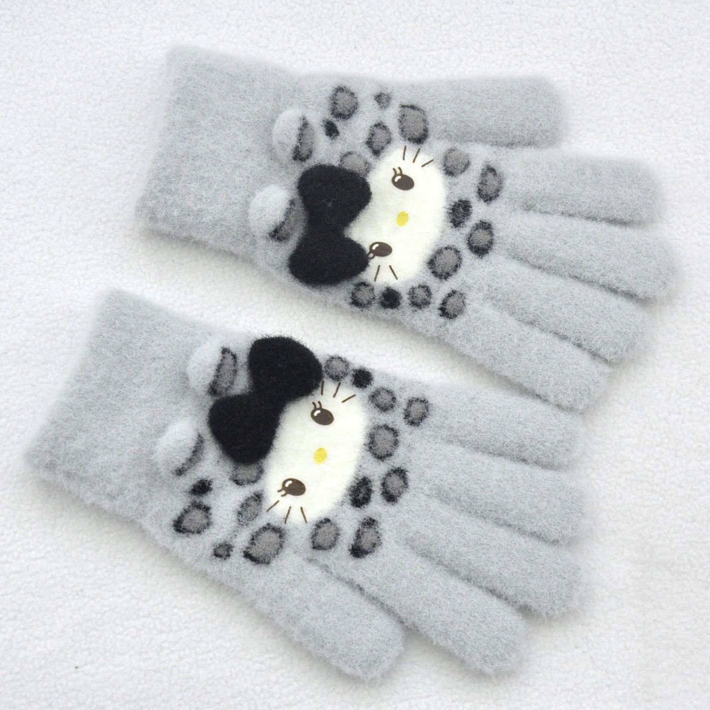 新款 加绒加厚女士可爱小猫咪提花针织手套骑车防风学生触屏手套详情6