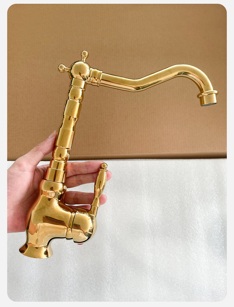 法式黄铜复古水龙头厨房家用浴室柜洗漱台面盆冷热防溅水龙头金色详情17