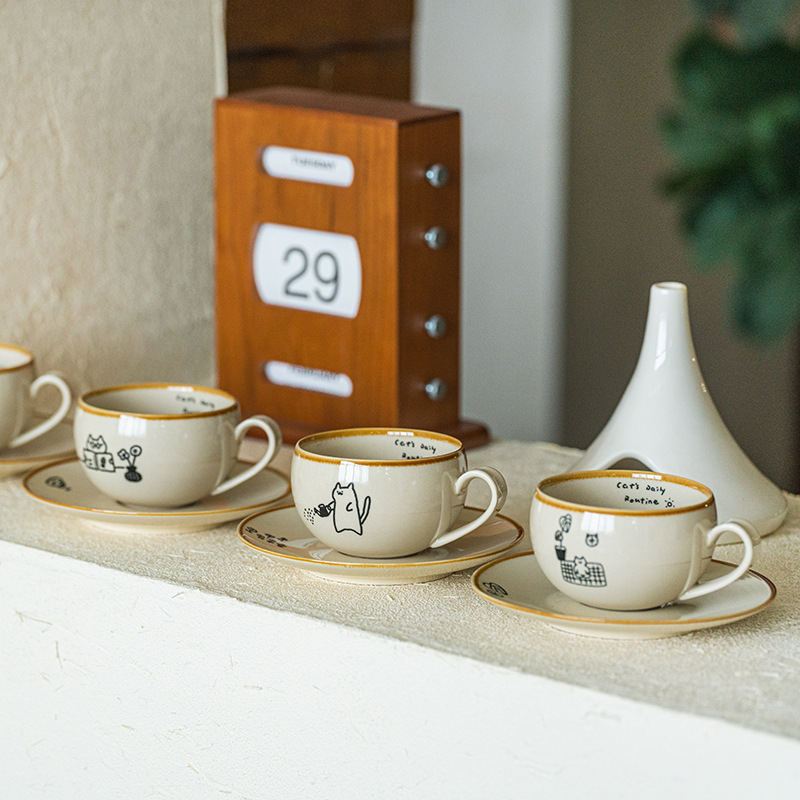 可爱卡通治愈插画日式猫咪陶瓷咖啡杯碟下午茶拿铁拉花杯高级感咖啡具套装详情17