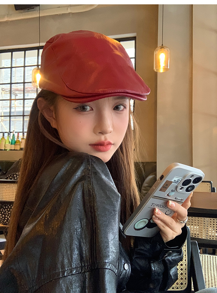 Red retro leather front hat, Korean style versatile duck tongue beret, fashionable newsboy cap, face-showing small hat pic 3