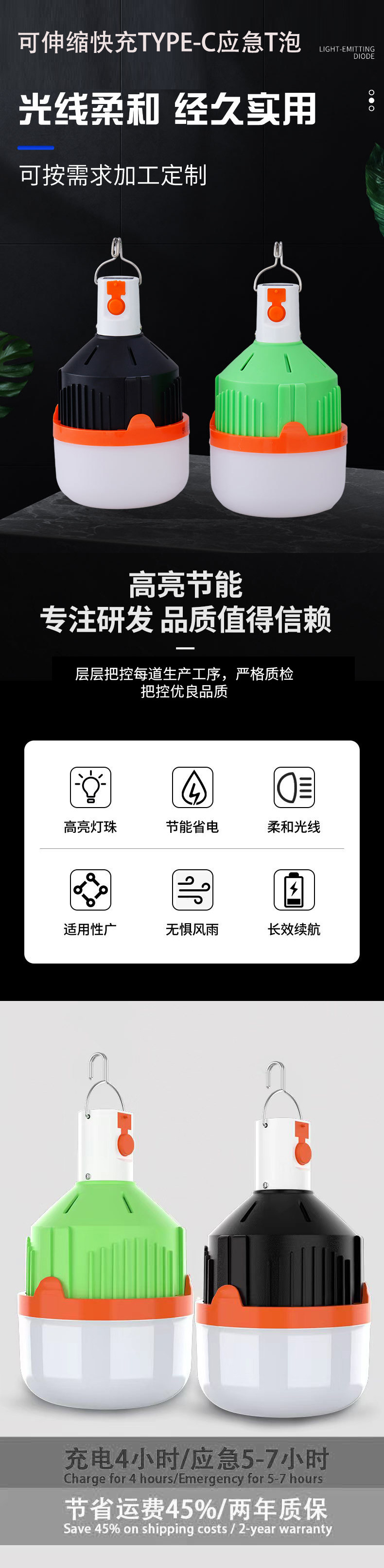 可伸缩快充TYPE-C 高富帅应急灯泡T泡户外充电应急灯地摊露营灯详情2