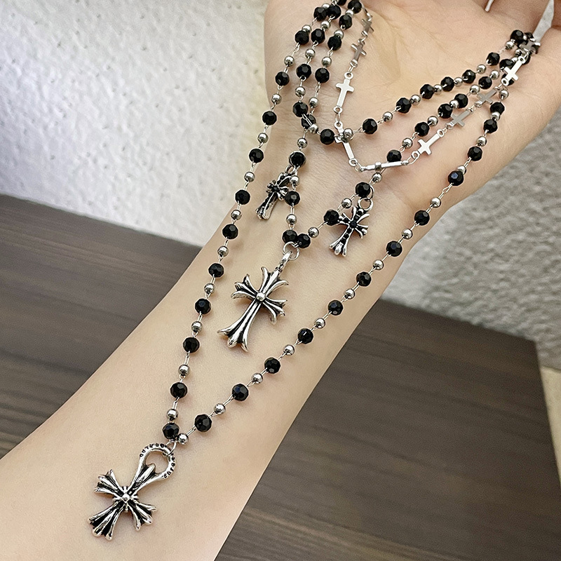 Retro cross-flower pendant black bead necklace, multi-layer layered punk, ins style, high-end collarbone chain, hot girl necklace pic 11