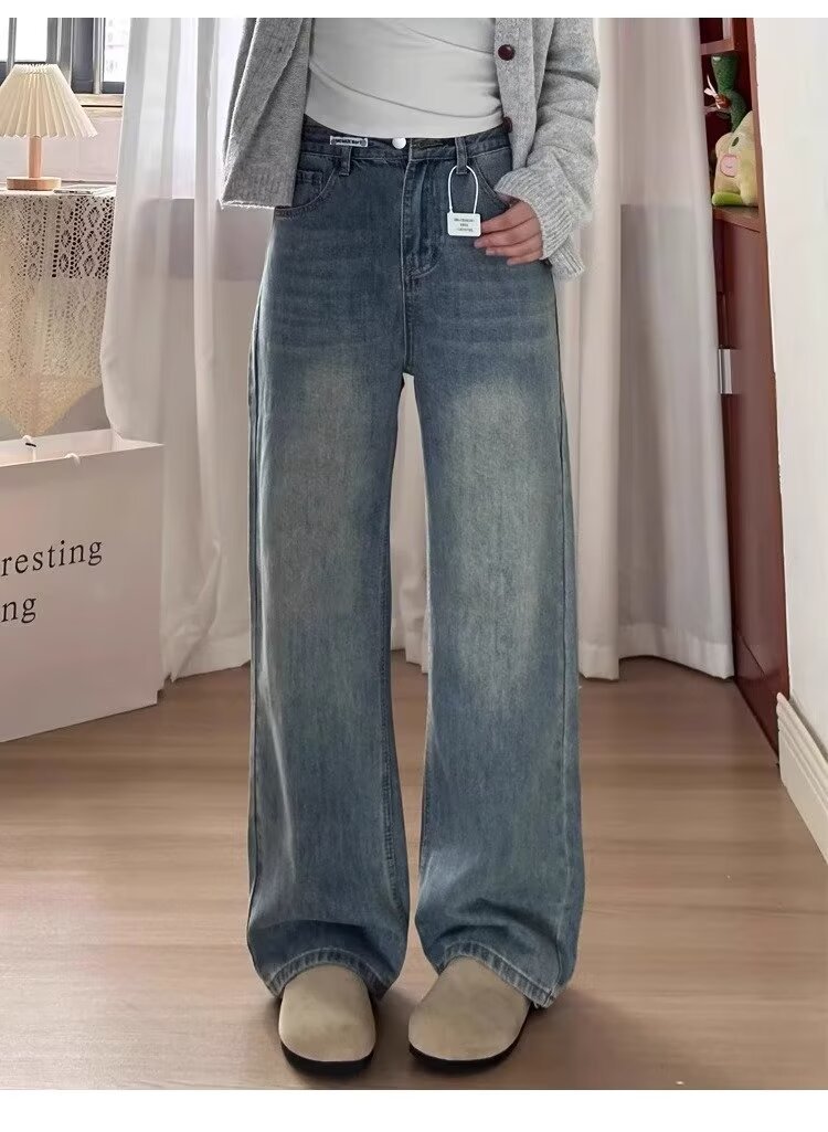 复古蓝直筒牛仔裤女春季新款高腰胖mm显瘦梨形身材宽松阔腿长裤子详情8