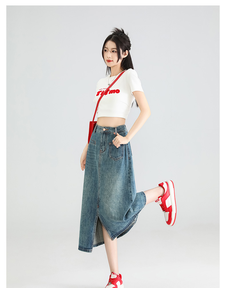 不规则牛仔开衩半身裙女梨形身材小个子高腰显瘦a字中长款包臀裙详情9