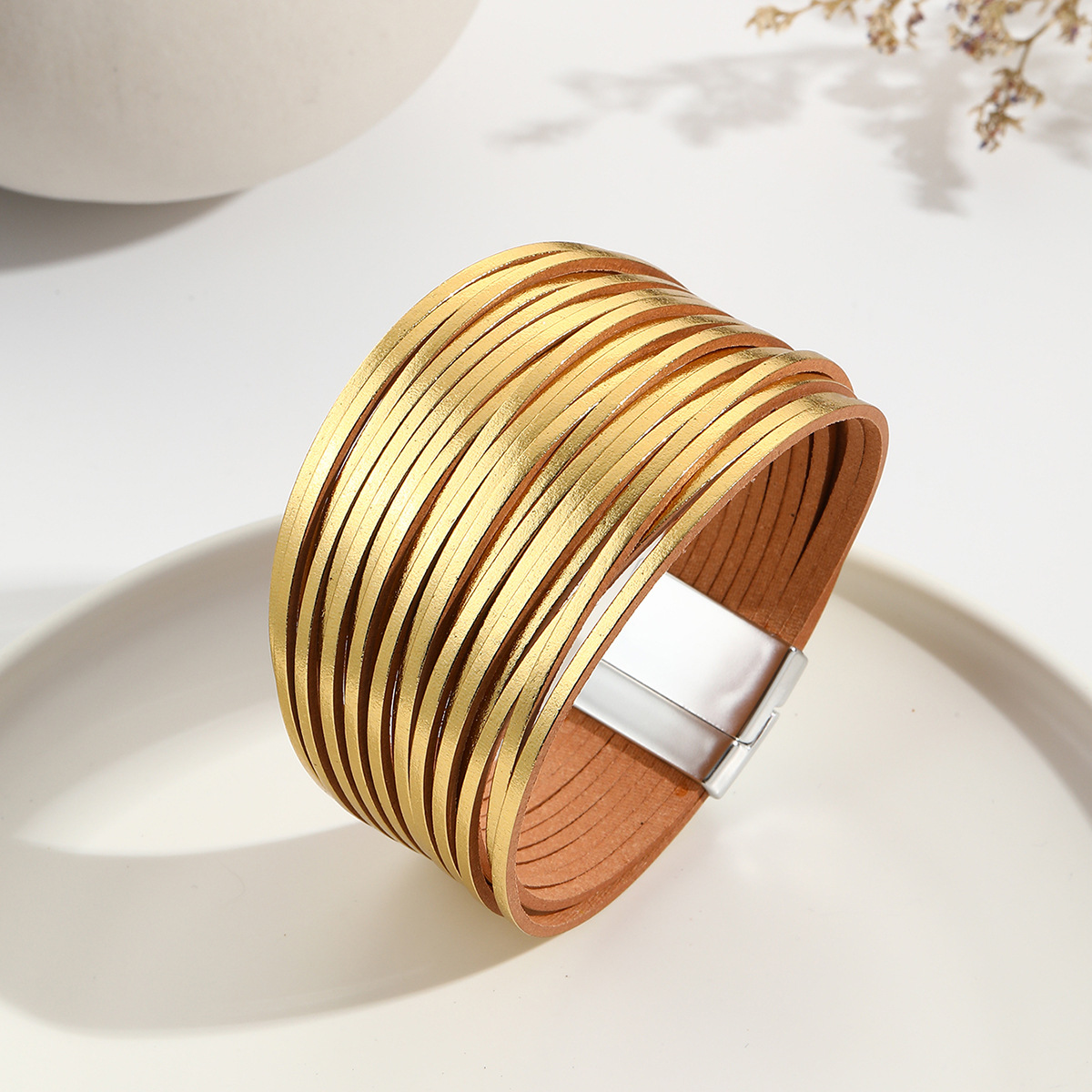 新款亚马逊多条渐变男手环皮绳混色百搭女士PU皮革皮手链磁扣手镯详情12