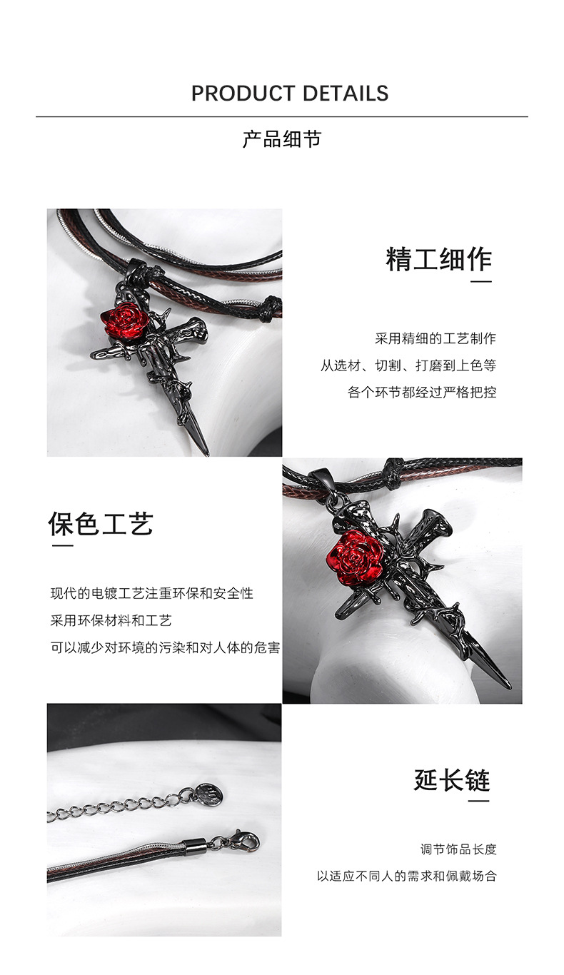Dark Gothic style red rose entwined cross pendant necklace with a unique female design sense, black woven collarbone chain pic 6