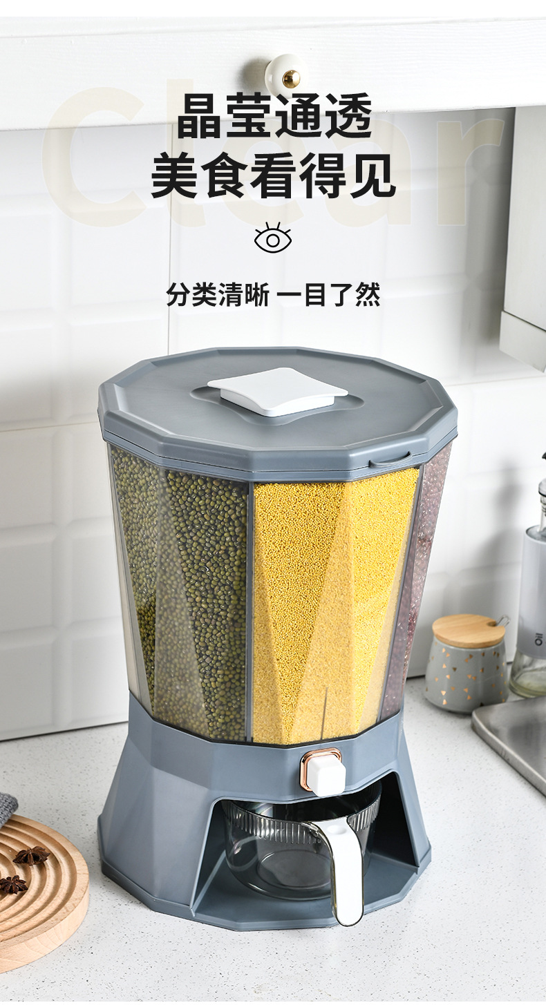 Kitchen classified rotating rice bucket, grain and cereal compartments, press-sealed jar, household moisture-proof and insect-proof plastic rice storage bucket pic 17