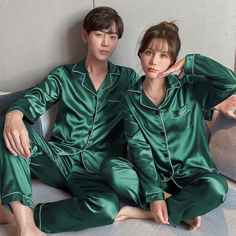 A wholesale set of short-sleeved couple pajamas for spring and autumn, featuring solid ice silk color faux silk for both men and women, can be worn as outerwear for home wear pic 25
