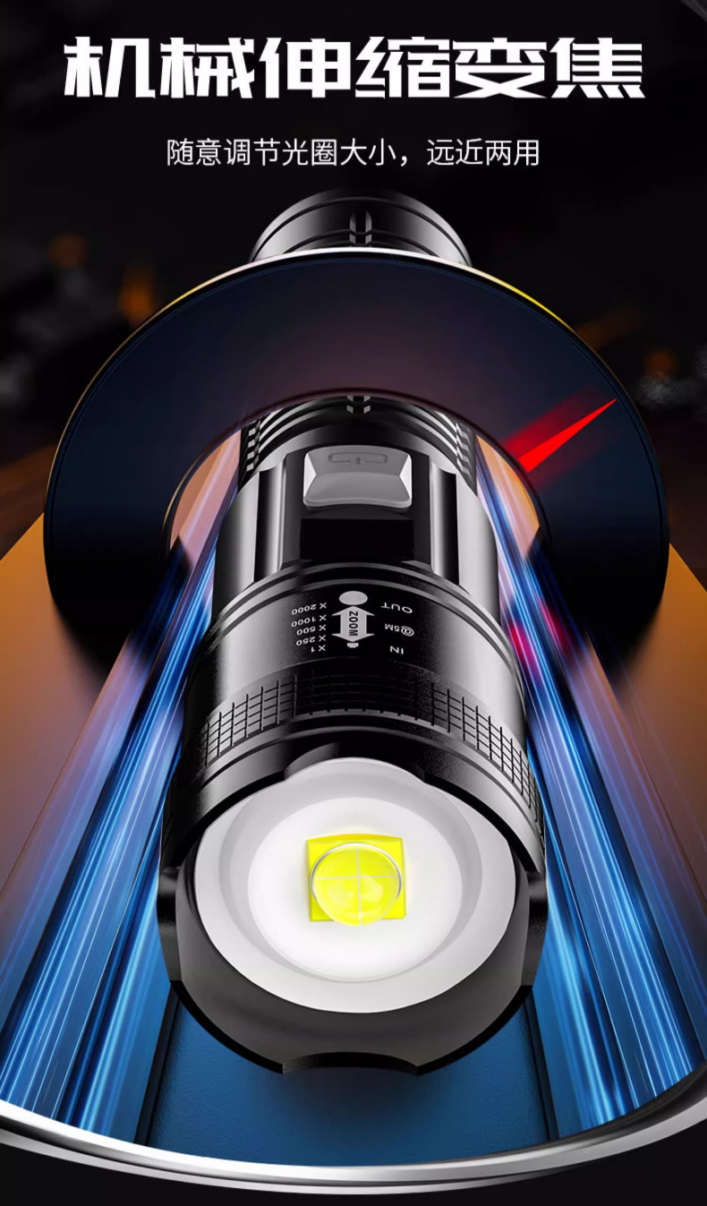 爆款户外强光手电筒多功能变焦便携快充手电超亮远射长续航手电筒详情5