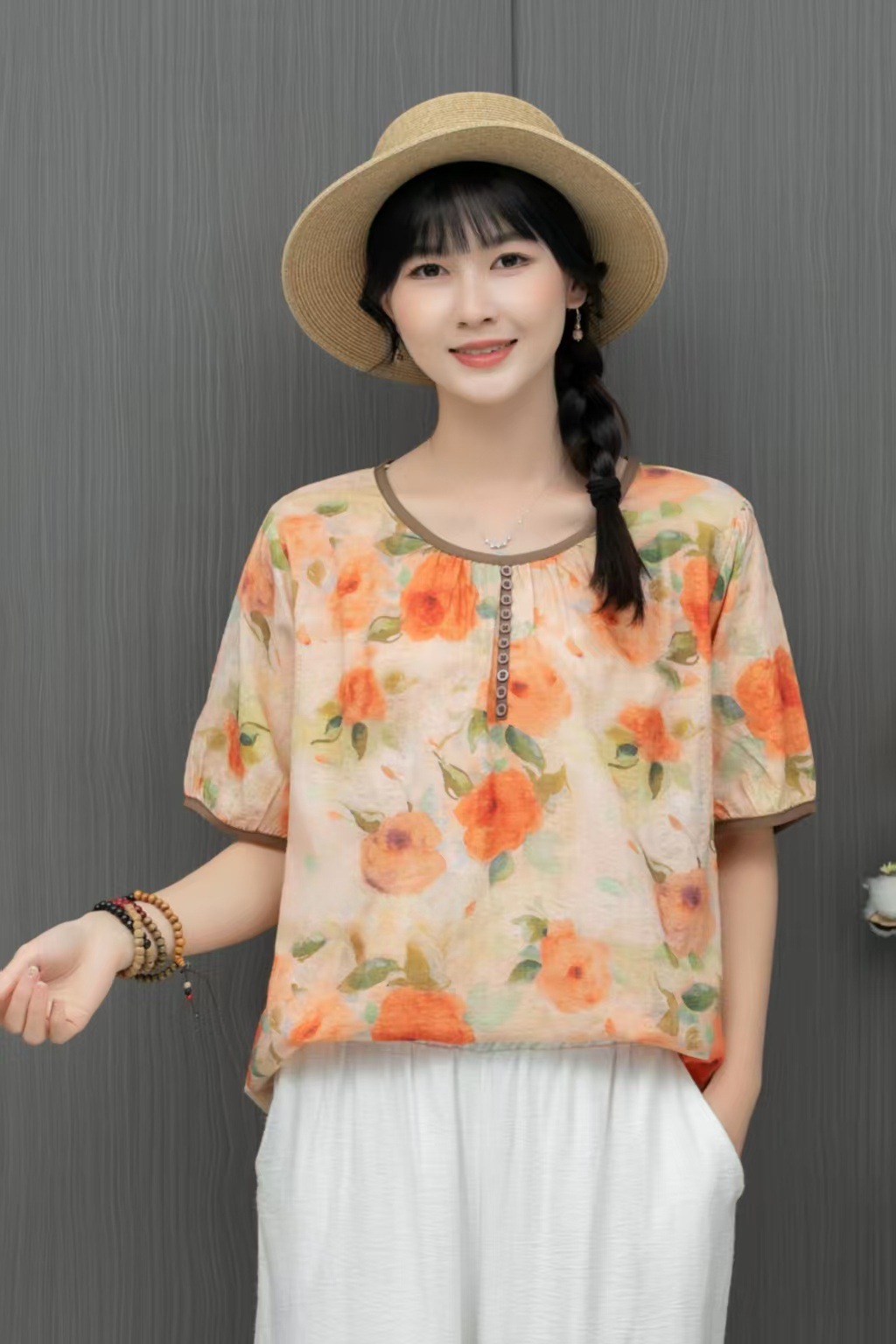 2025 Summer New Style artistic printed cotton and linen shirt, retro loose large size round-neck pullover, elegant T-shirt for women pic 17