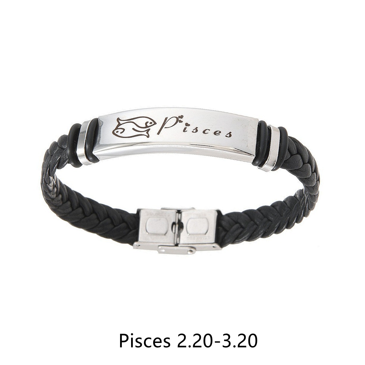 TEMU European and American cross-border personalized 12 zodiac leather woven stainless steel bracelet, elegant black accessory bracelet pic 2