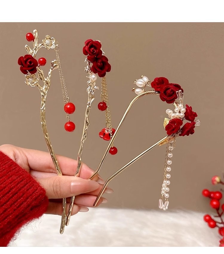 红色新年发簪新中式后脑勺盘发高级感簪子古风高级感步摇流苏发饰详情22