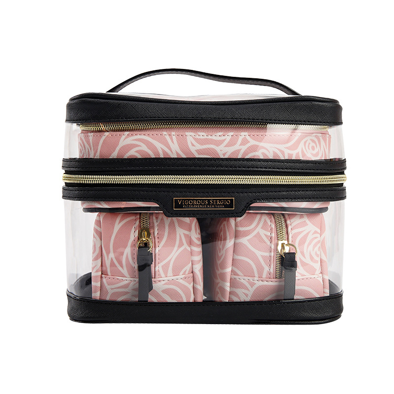 源头厂家大容量透明四件套化妆包金属标皮革收纳包简约女士口红包详情6