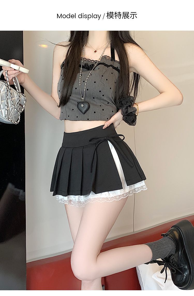 甜美纯欲风百褶半身裙女春夏新款蕾丝拼接蝴蝶结高腰防走光超短裙详情17