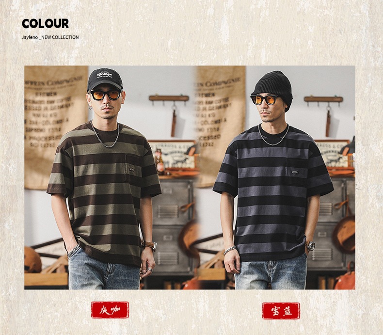 32支双纱平纹纯棉T恤男短袖夏季美式复古重磅宽松大码条纹男体恤详情6