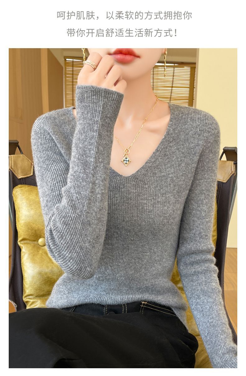 This autumn and winter new style of wool sweater features a V-neck that is slimming and versatile. It is a long-sleeved, casual and elegant sweater with a base layer of knitted sweater for women pic 33