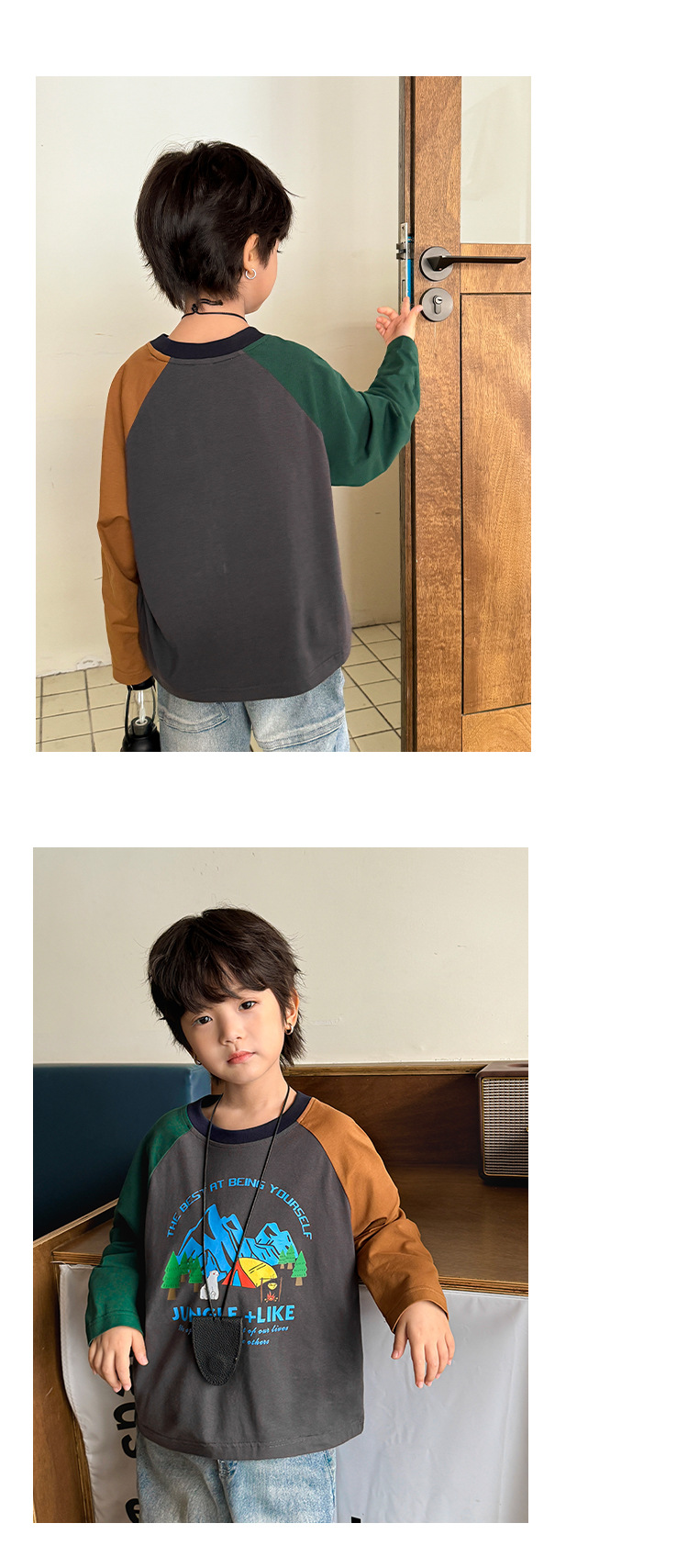 海妈家2024春秋新款男童插肩袖长袖纯棉T恤韩版童装衣服露营儿童详情13