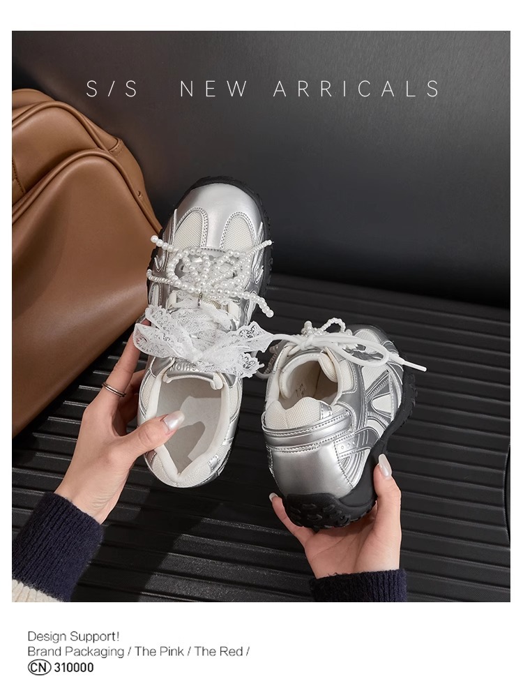 6CM内增高德训鞋女蕾丝珍珠夏新款银色厚底网面休闲运动鞋阿甘鞋详情14