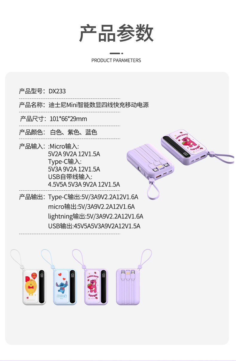 Disney power Bank Fast charging 10,000 mah mini powerbank with built-in cable, PowerBank 3C certified, officially authorized factory wholesale price pic 13