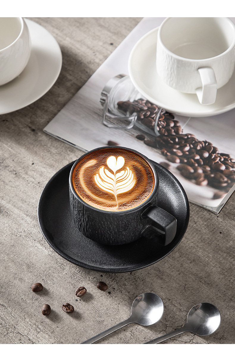 高颜值黑白陶瓷杯碟套装轻奢质感咖啡牛奶早餐下午茶岩石头纹杯子详情6