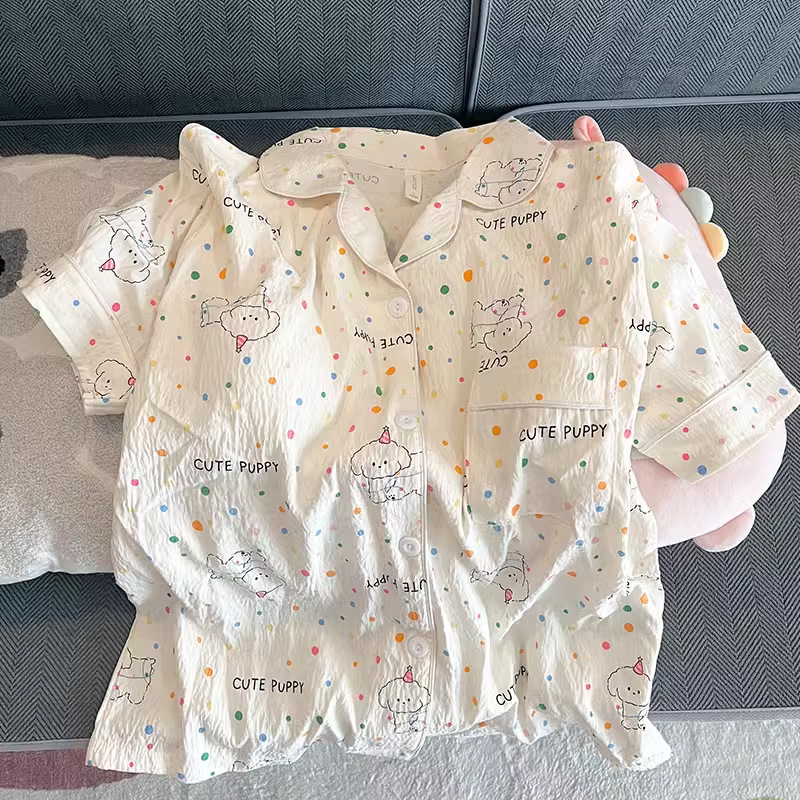 Pajama Women Summer Cloud Cotton 2024 New Style sweet and cute cardigan casual short-sleeved and short-shorts home wear set pic 24