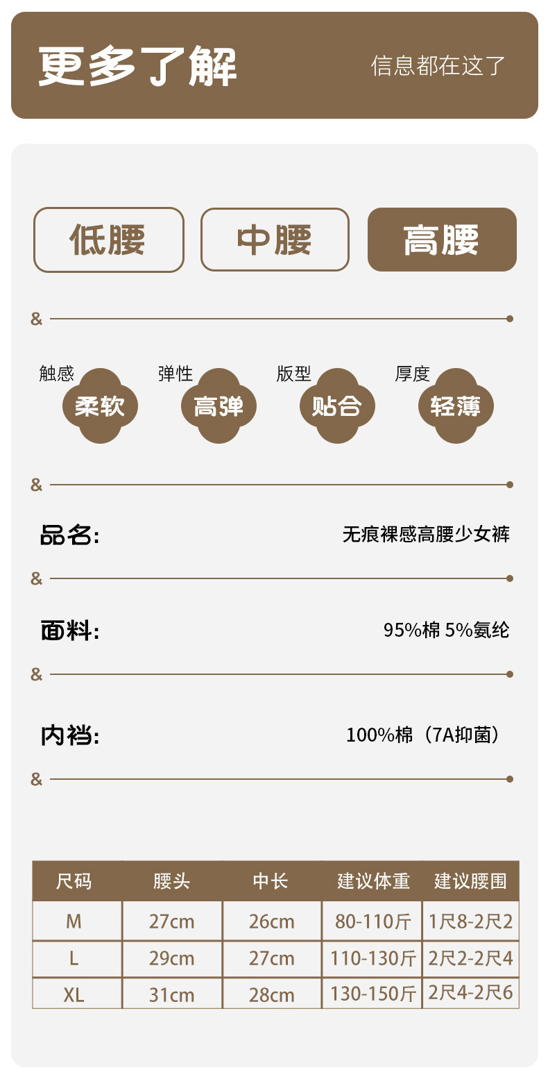 7A全棉抗菌60S高腰纯棉内裤女大码女士无痕轻收腹提臀无痕三角裤详情9