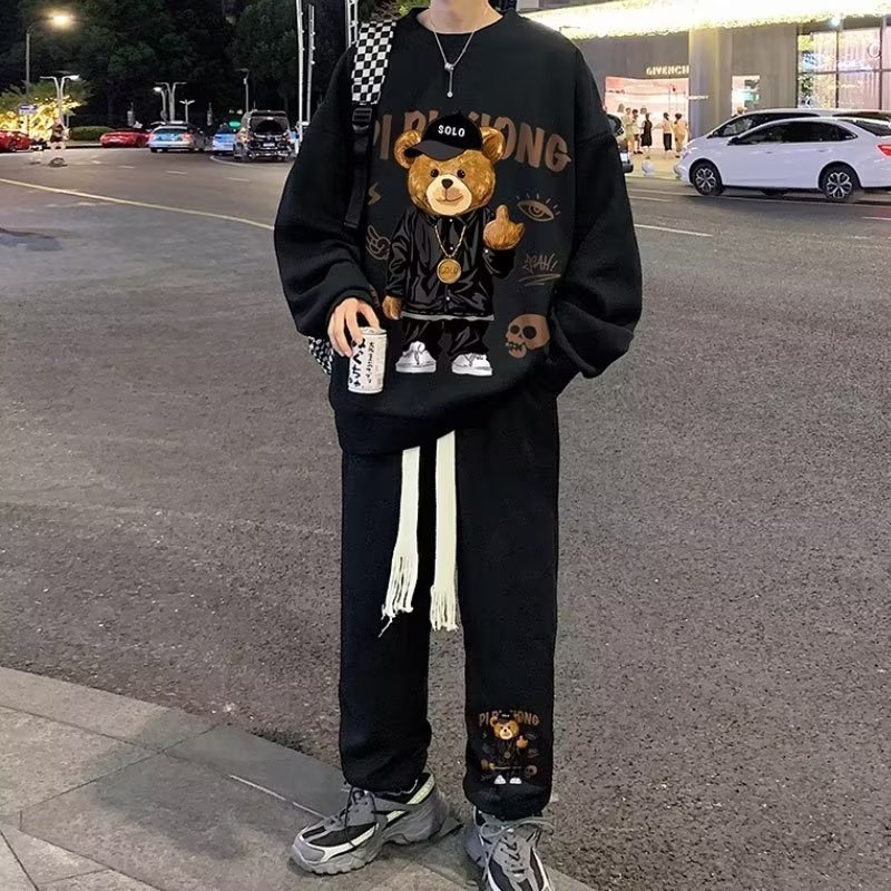 华夫格套装男春秋季休闲宽松大码运动裤子ins潮流卫衣卫裤两件套详情1