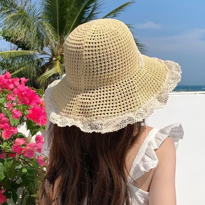 草帽ins系带镂空草编帽女夏出游防晒沙滩海边太阳帽蕾丝边遮阳帽详情3