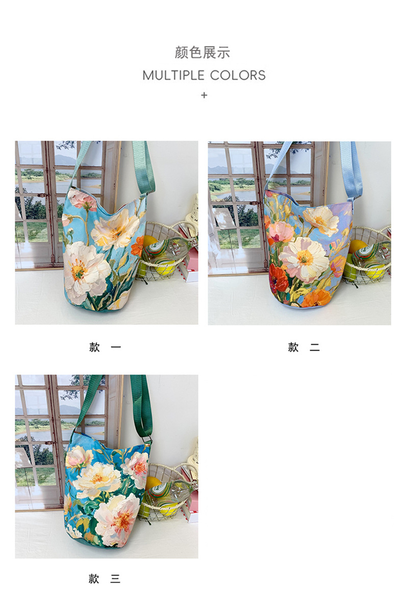 大容量国风印花水桶包女创意花卉个性手提单肩包设计感休闲斜挎包详情7