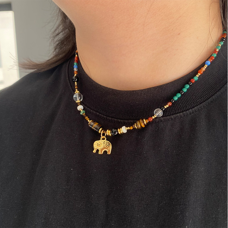 法式复古小象多巴胺串珠项链虎眼石水晶多色天然米珠小众锁骨链女详情9