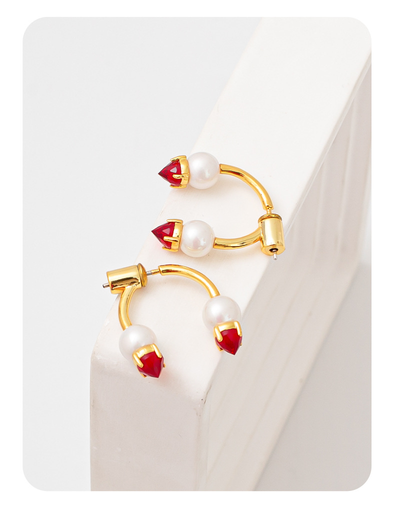 韩国网红同款珍珠耳钉时尚通勤玻璃红宝石耳钉女百搭小众设计耳钉详情7