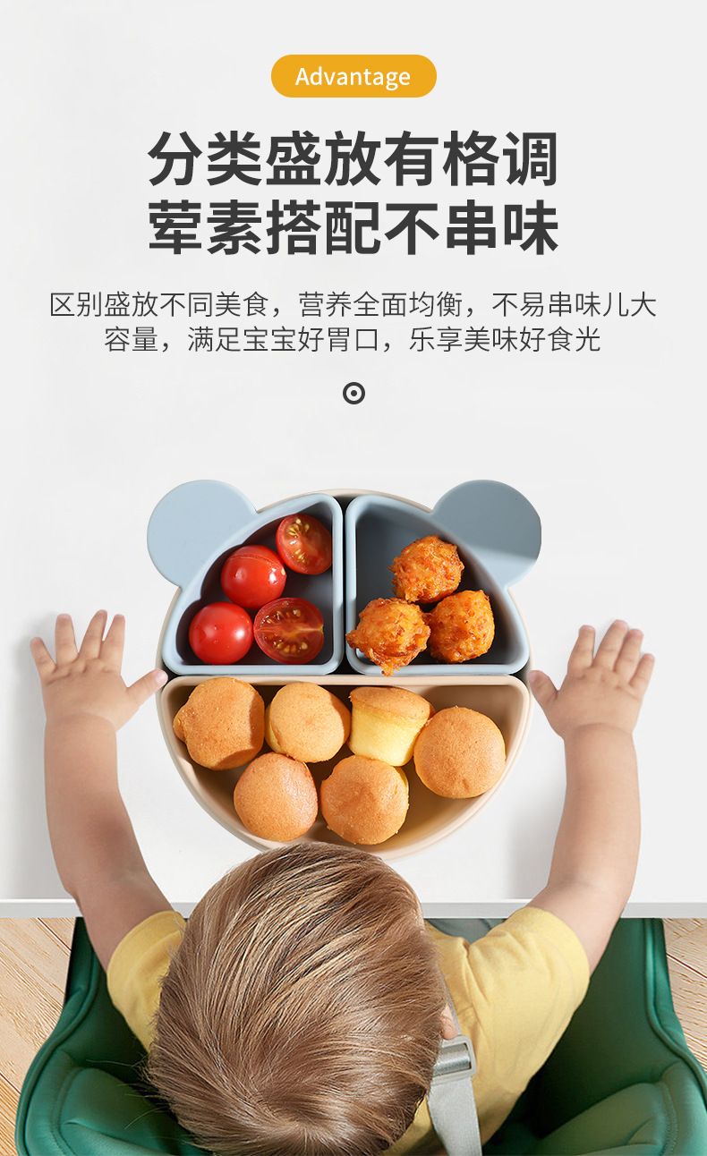 儿童卡通硅胶餐盘婴幼儿喂养餐具套装宝宝辅食分格熊餐盘硅胶餐盘详情6