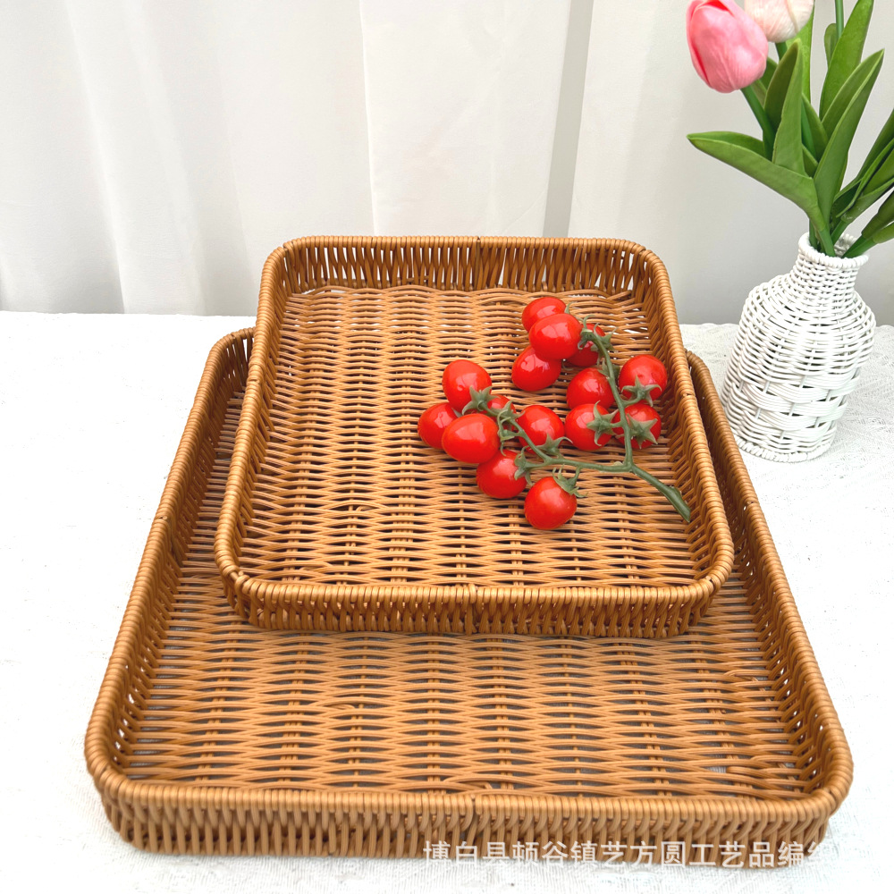 手工编织仿藤塑料圆形水果篮子零食面包收纳筐家用储物杂物工艺品礼品民间竹编详情1