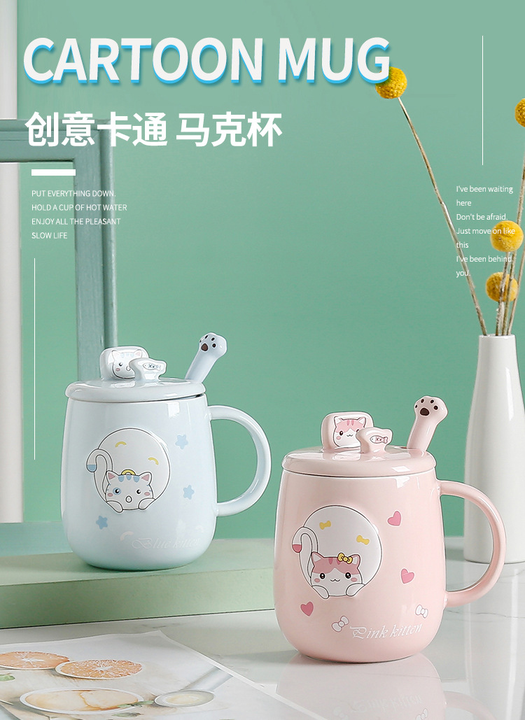 Cat-shaped mugs with LIDS, ceramic cups, creative, personalized and trendy office cartoon ins home coffee cups pic 1