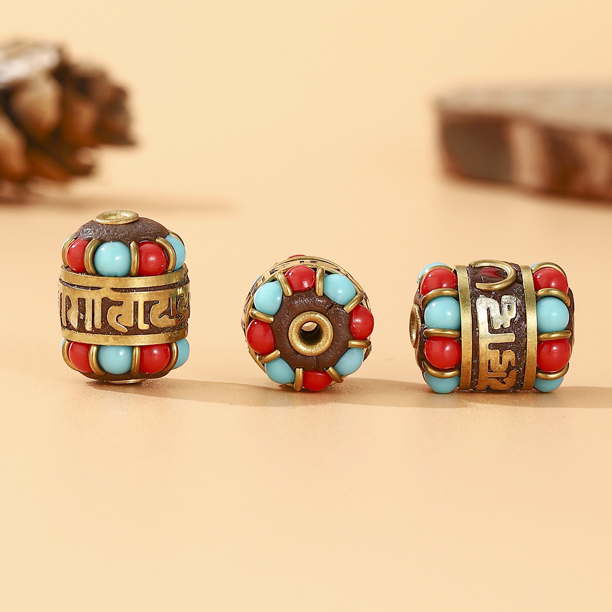 Tibetan-nepalese brass handcrafted beads, retro ethnic style DIY jewelry, with partition beads and bucket beads set with red and blue turquoise pic 3