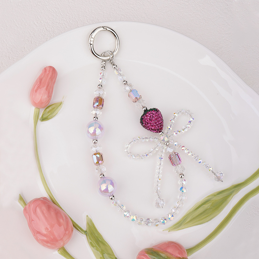 爆闪水钻水晶草莓蝴蝶结手机链带扣钥匙包包串珠挂链手机挂绳挂饰详情10